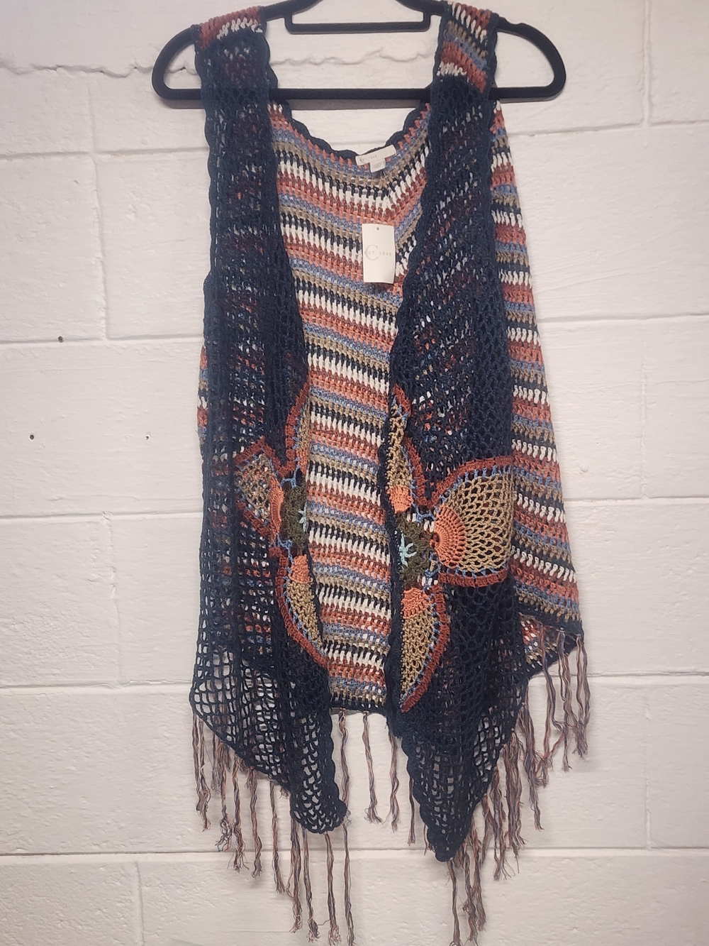 Crochet Open-Front Vest with Fringe in Navy, Rust, Cream - Picture 2 of 4
